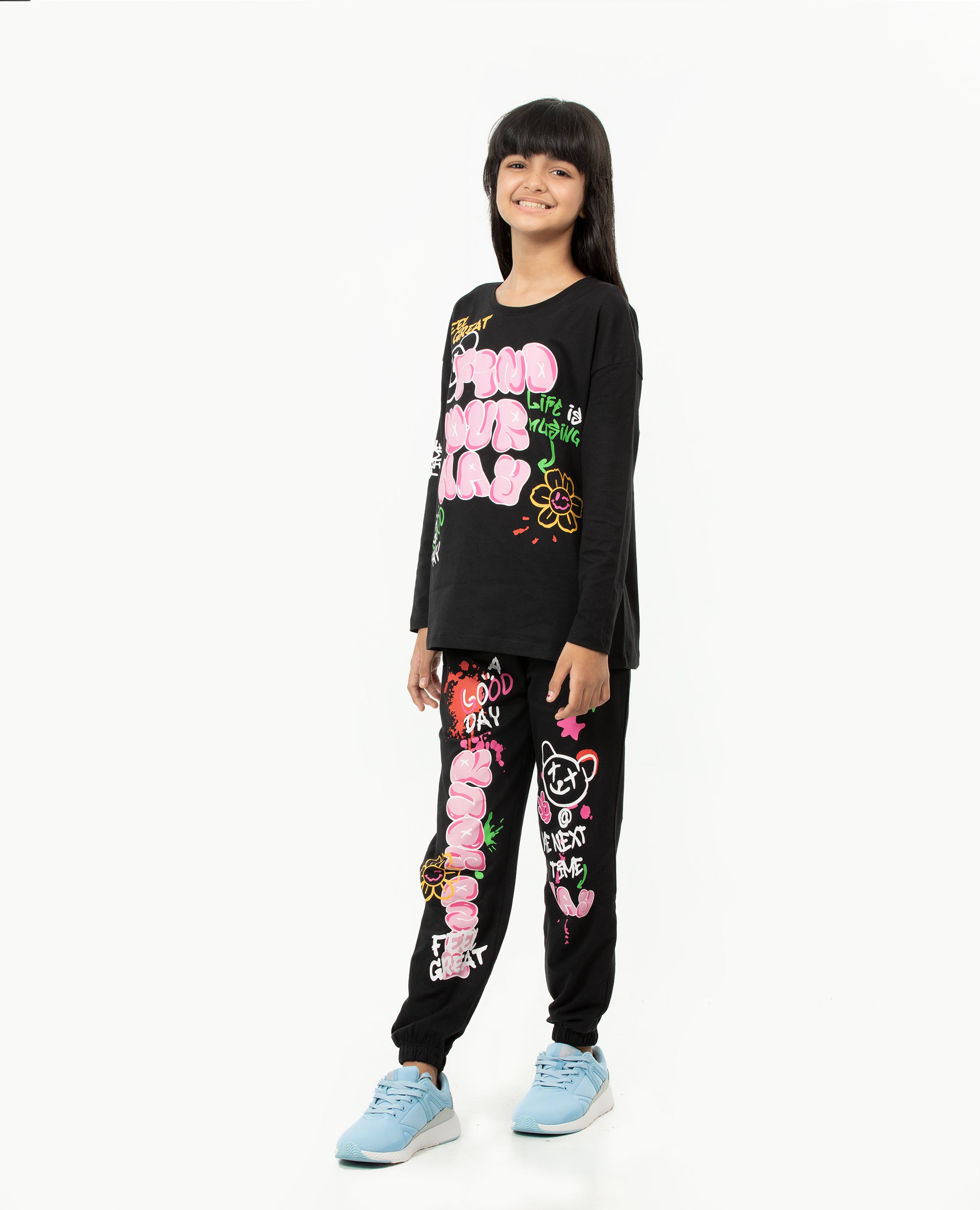 Girls Drop Shoulder T-shirt & Bottoms Set